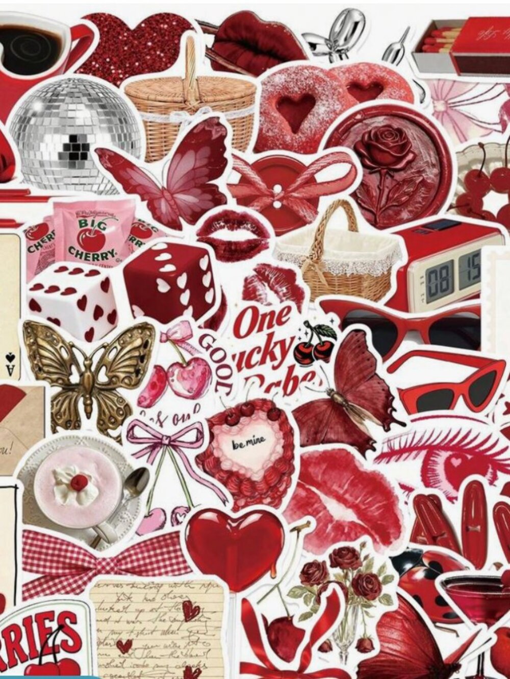 50 Coquette Cherry Aesthetic Vinyl Sticker Pack | Bows, Hearts... 🍒❤️